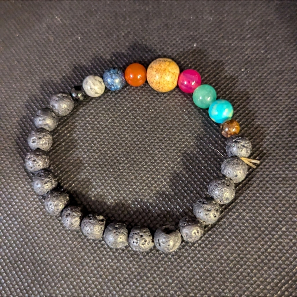Lava Stone Multi Color Solar System Planets Beaded Stretchy Statement Bracelet
